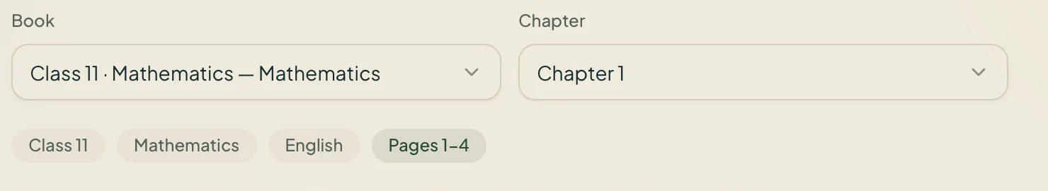 Saved Class 11 Mathematics book and Chapter 1 selected, with English language and Pages 1–4 shown