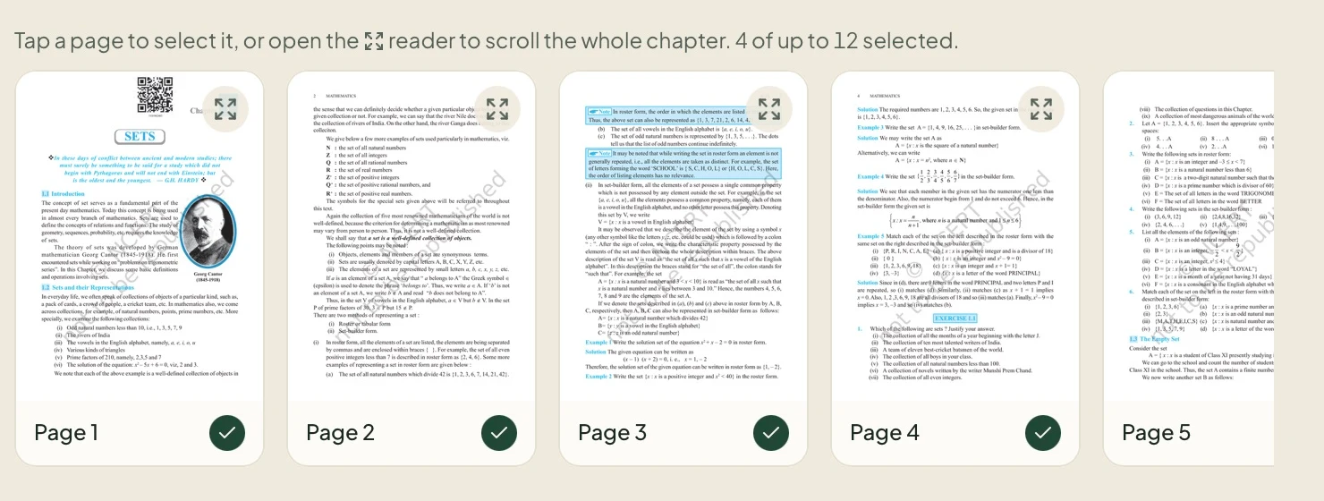 Actual Sets chapter thumbnails with green ticks on pages 1, 2, 3 and 4