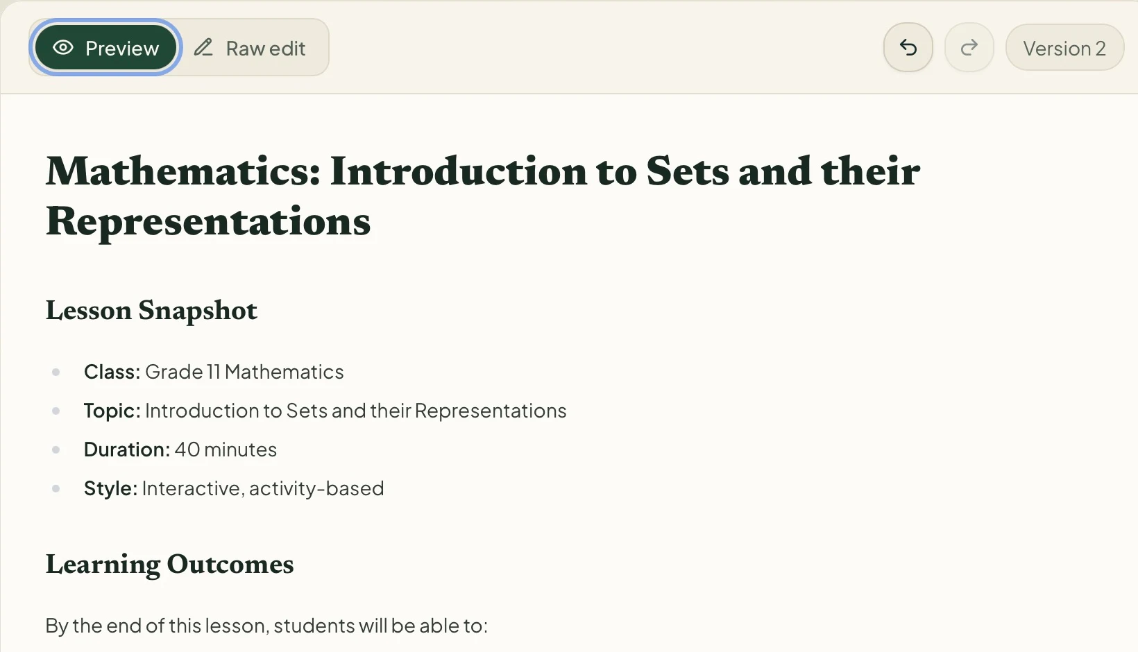 Actual Version 2 Sets lesson plan showing Class 11, 40-minute duration, interactive style and learning outcomes