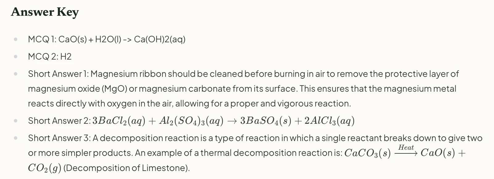Generated worksheet Answer Key with MCQ answers and balanced barium chloride equation