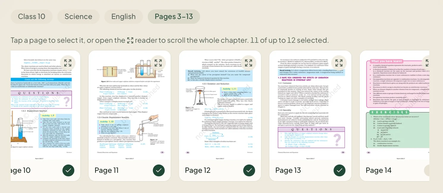 NCERT Science page thumbnails with pages 3–13 selected for worksheet generation