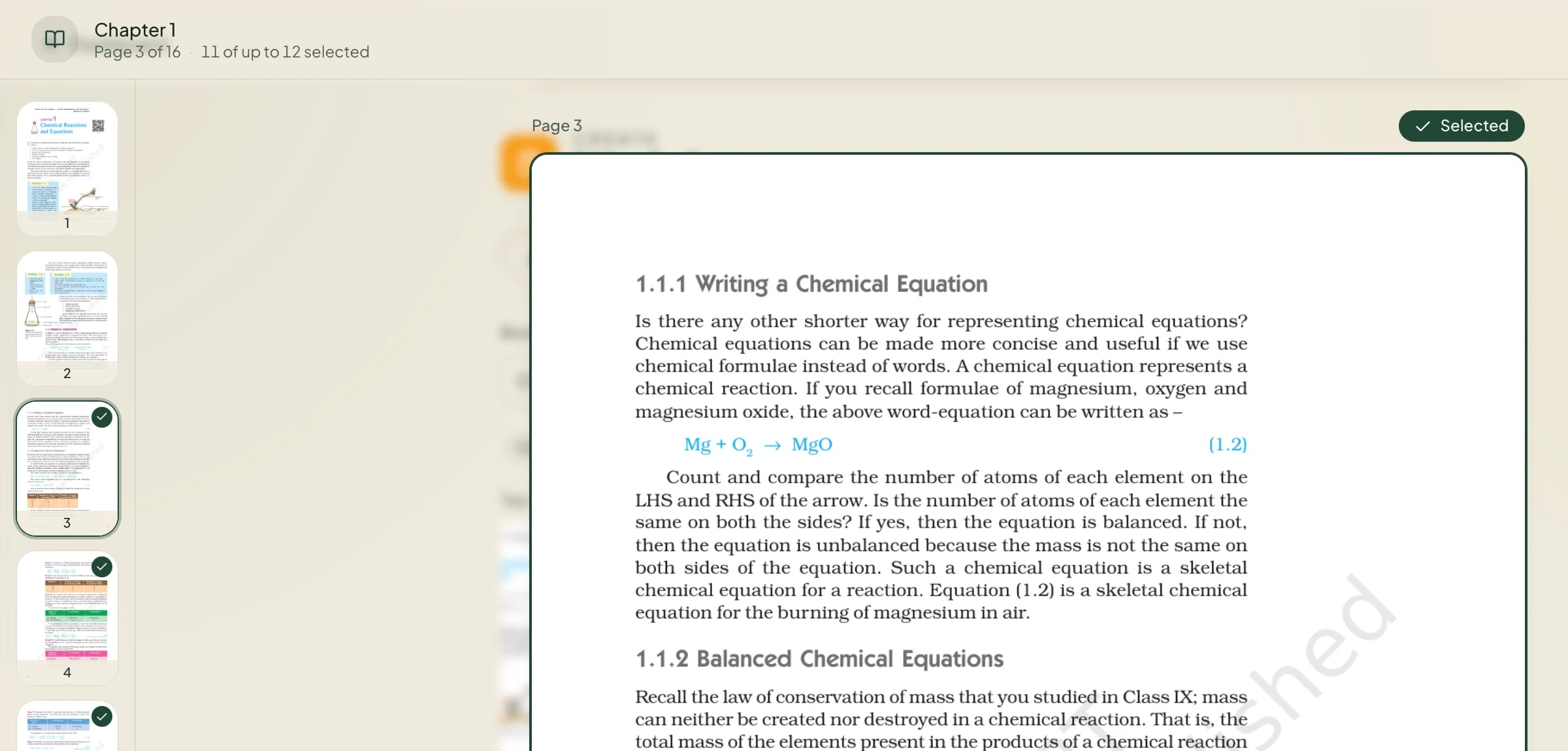 Teachers Lab chapter reader showing page 3 on writing and balancing chemical equations with Selected enabled