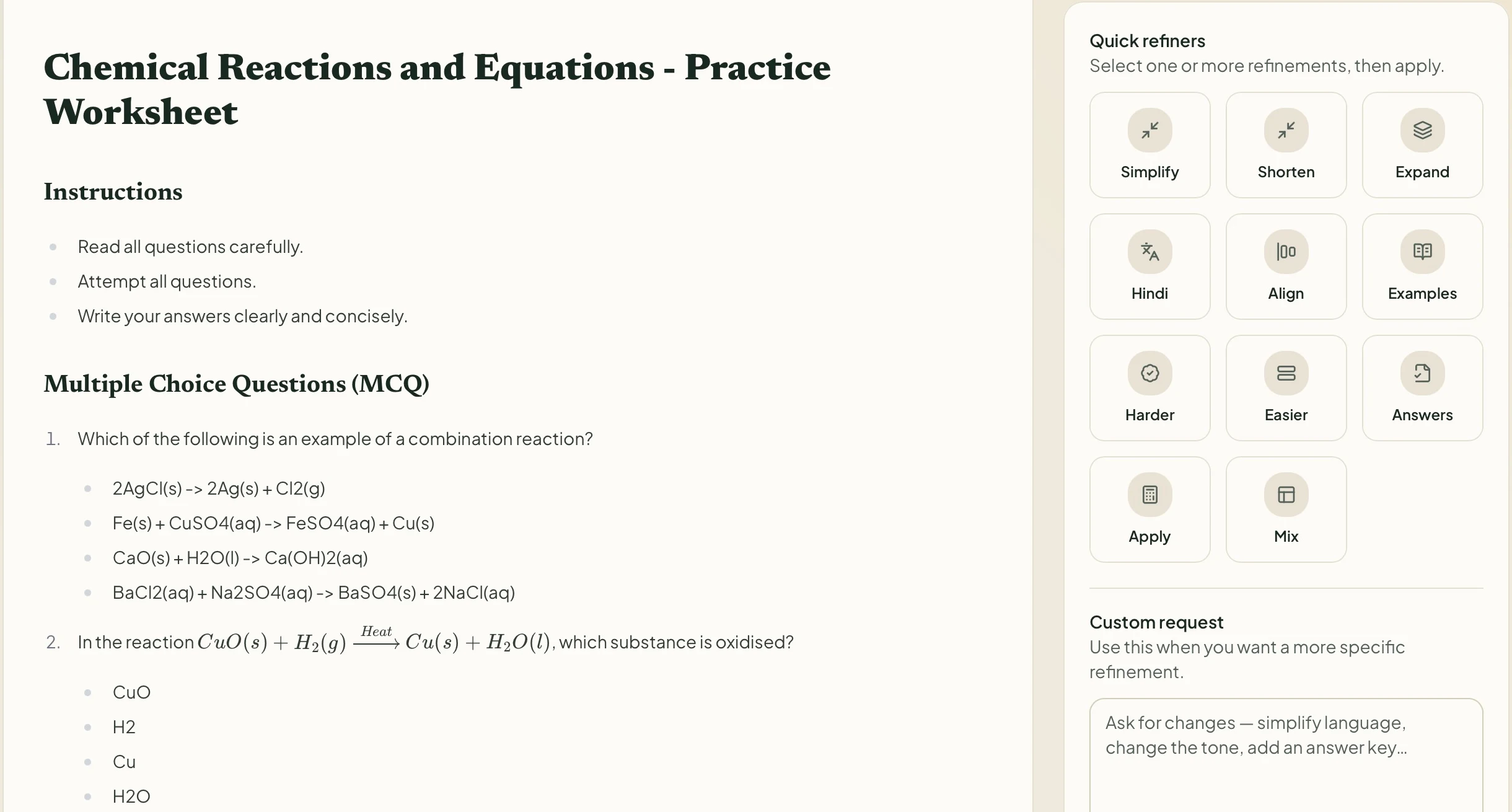 Actual generated Chemical Reactions and Equations worksheet beside Quick refiners and Custom request