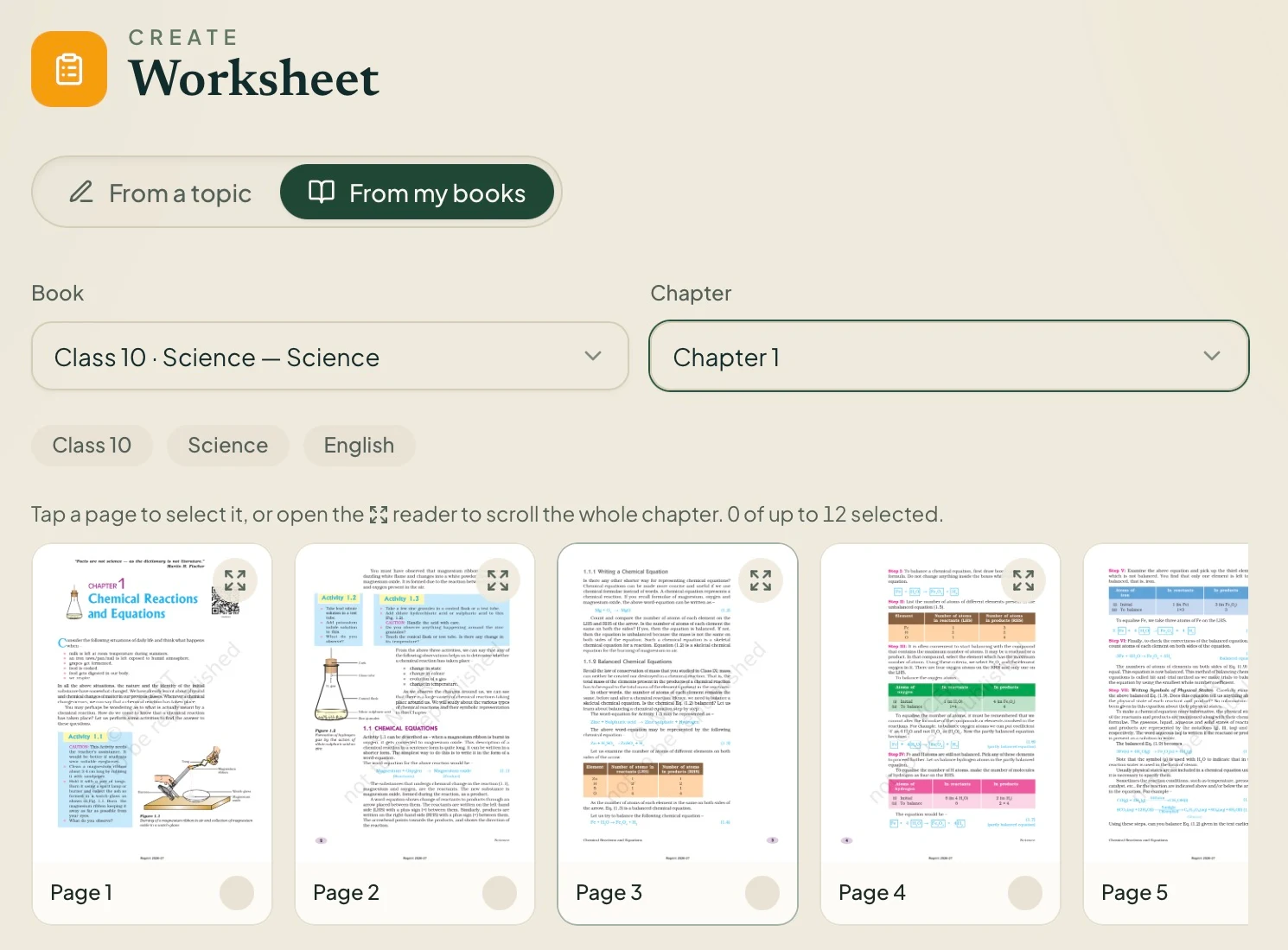 Teachers Lab Worksheet with From my books, Class 10 Science and Chapter 1 selected