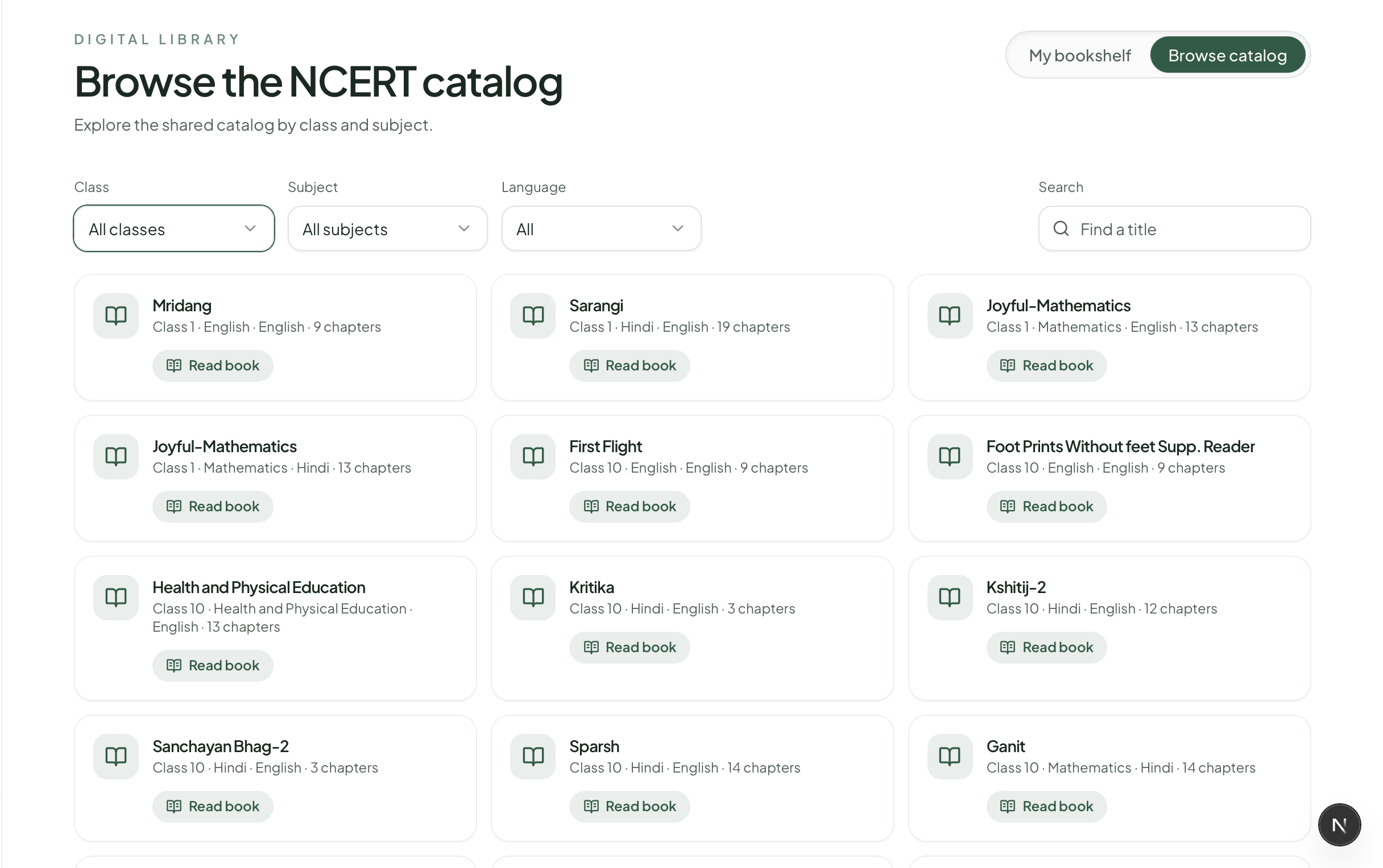 Teachers Lab digital library showing the built-in NCERT book catalogue, class, subject and language filters, title search and Read book buttons