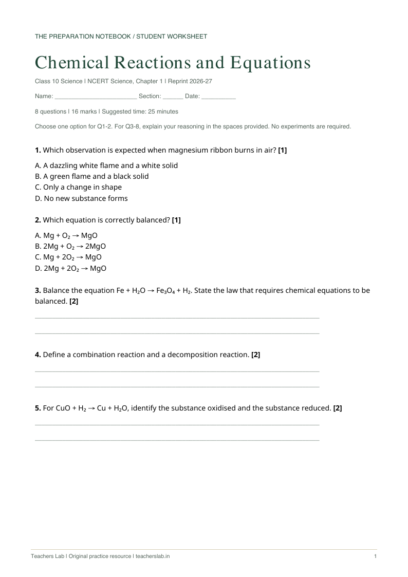 First page of the Teachers Lab worksheet + answer key: Chemical Reactions & Equations