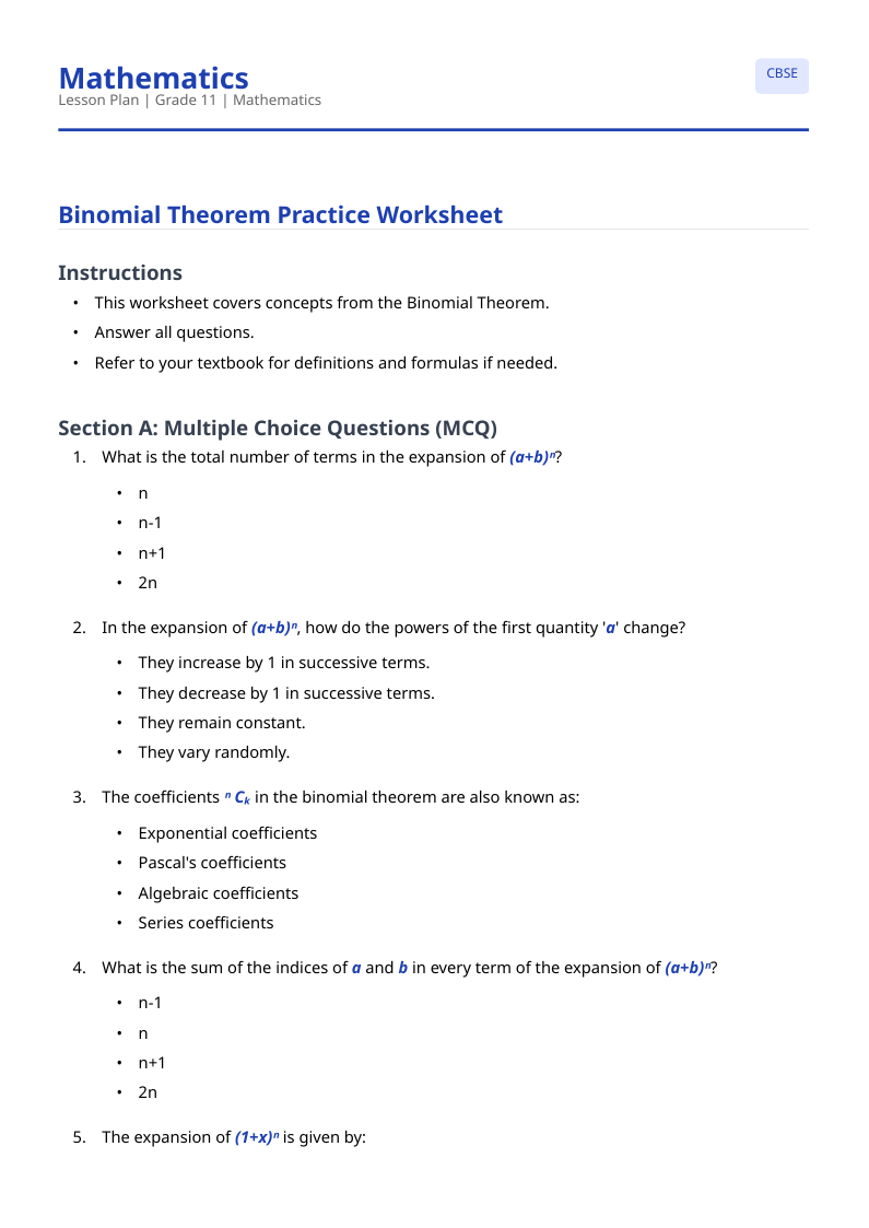 First page of the Teachers Lab worksheet: Binomial Theorem Practice Worksheet