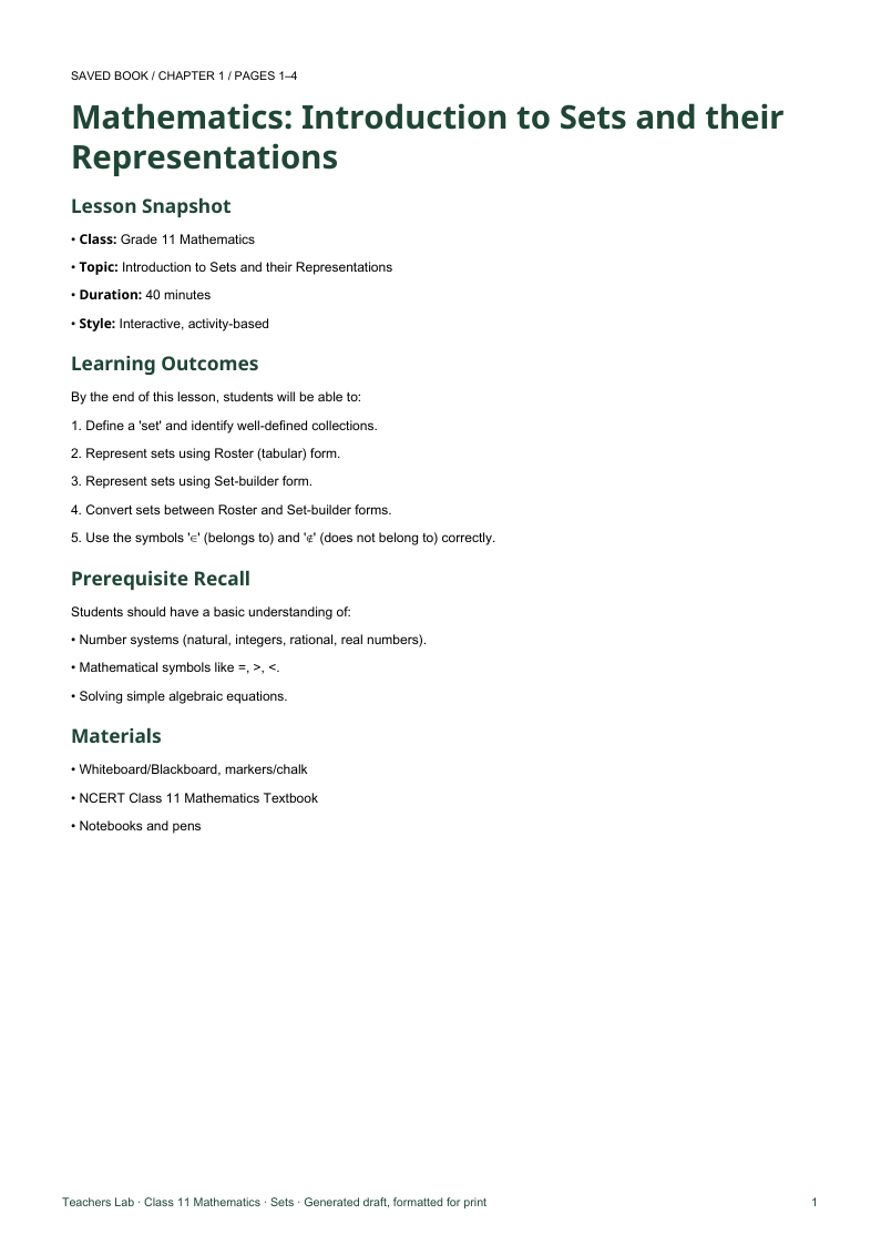 Class 11 Sets lesson plan preview