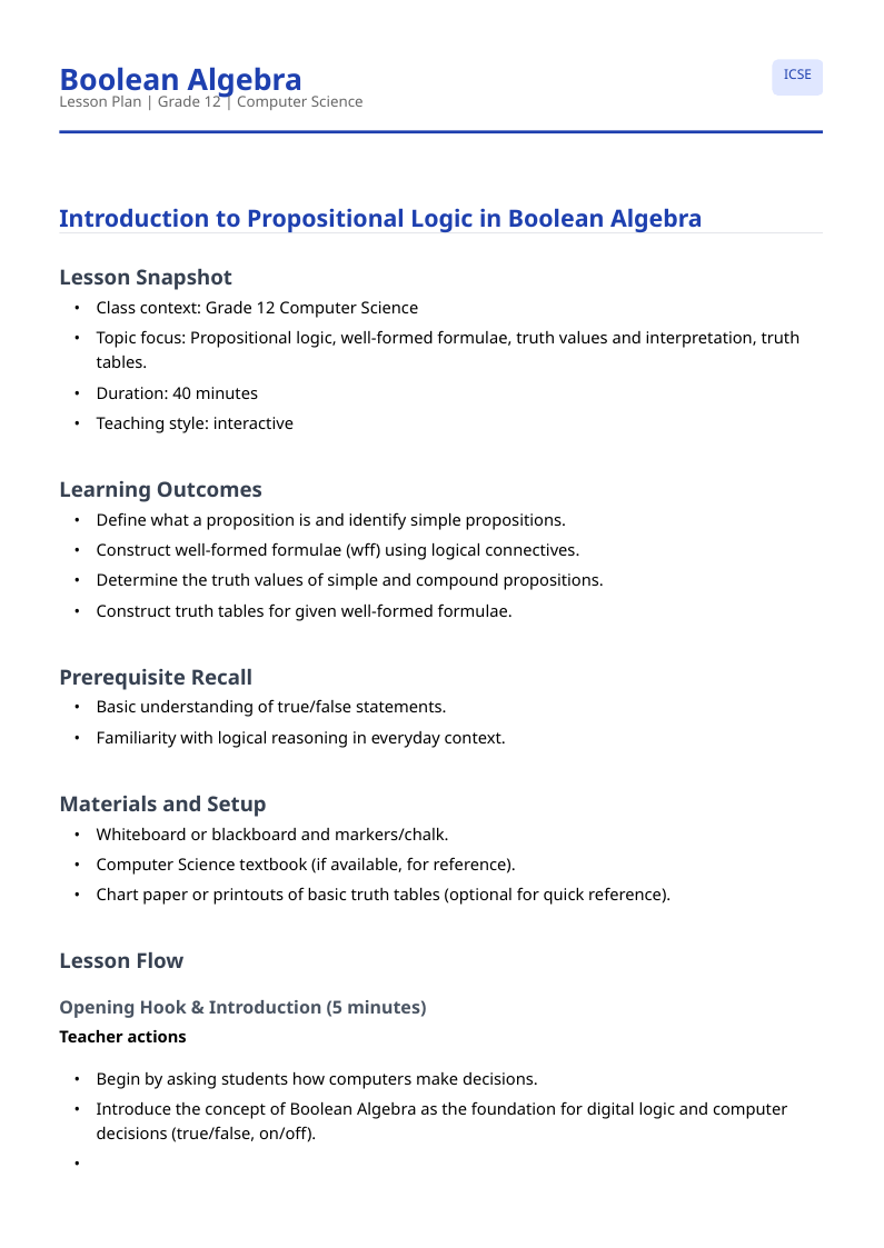 First page of the Teachers Lab lesson plan: Boolean Algebra